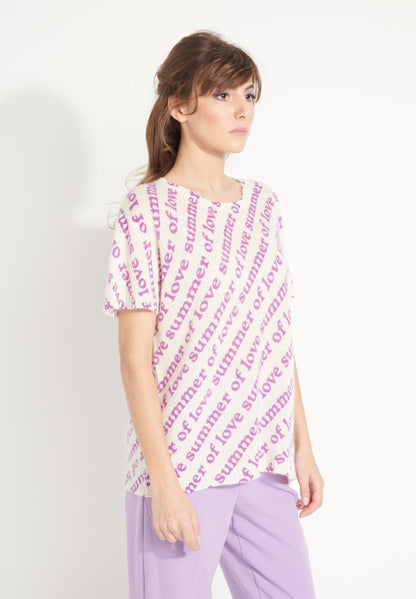 T-shirt col rond cachemire blanc écru/imprimé fleurs multicouleur femme - AVA 10-1