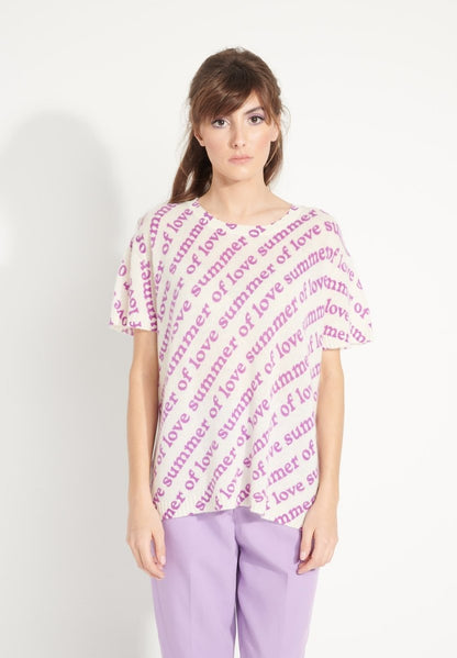 T-shirt col rond cachemire blanc écru/imprimé fleurs multicouleur femme - AVA 10-0