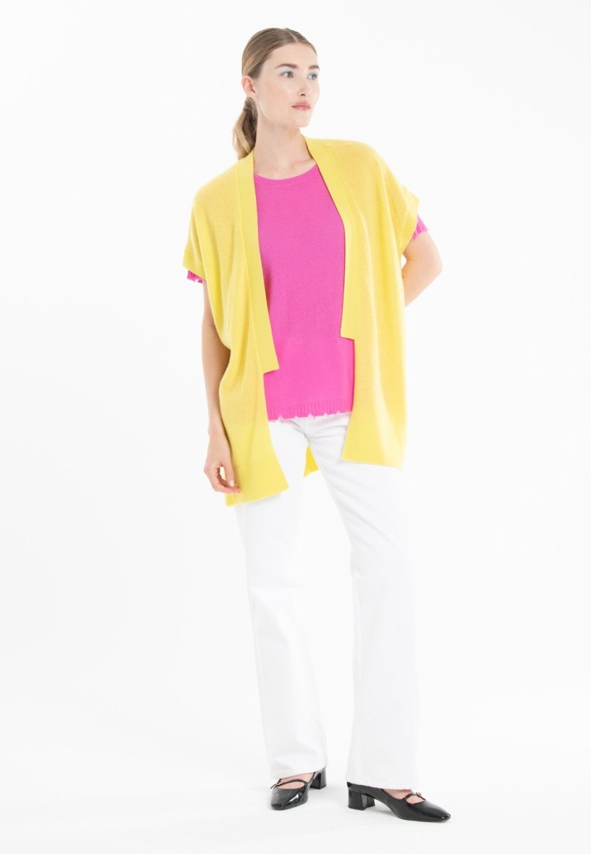Gilet à manches courtes cachemire jaune fluo femme - RIA 4-3