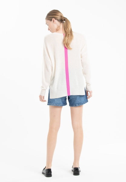 Pull col V cachemire blanc écru/rose barbie femme - NAMI 23-3