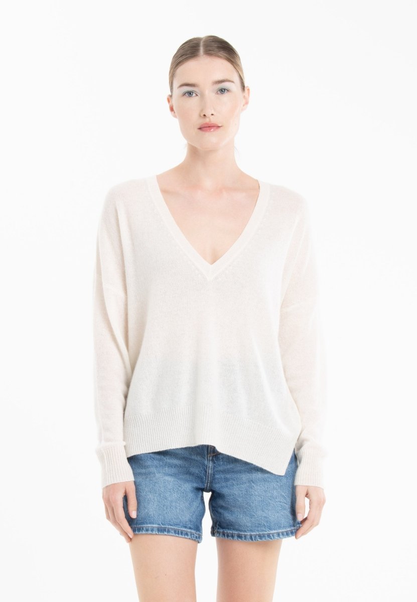 Pull col V cachemire blanc écru/rose barbie femme - NAMI 23-1