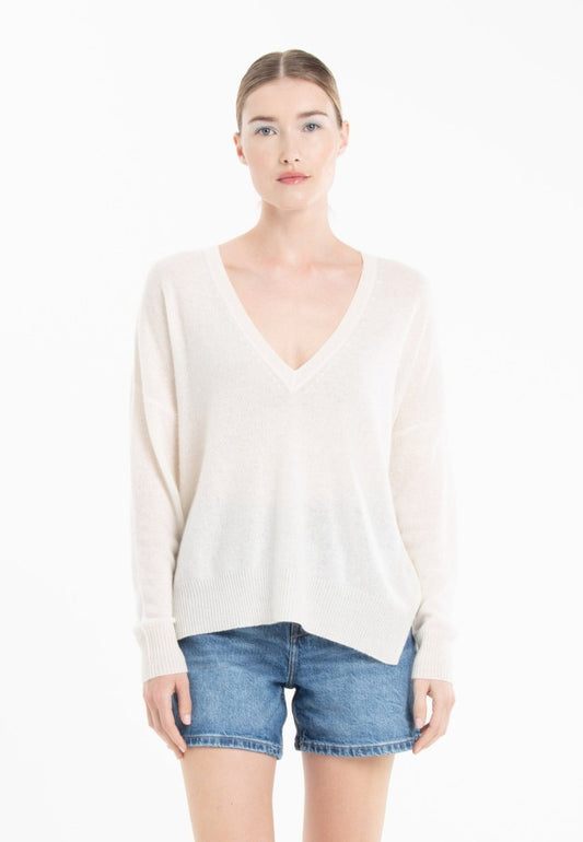 Pull col V cachemire blanc écru/rose barbie femme - NAMI 23-1