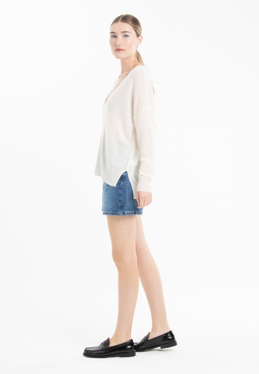 Pull col V cachemire blanc écru/rose barbie femme - NAMI 23-2