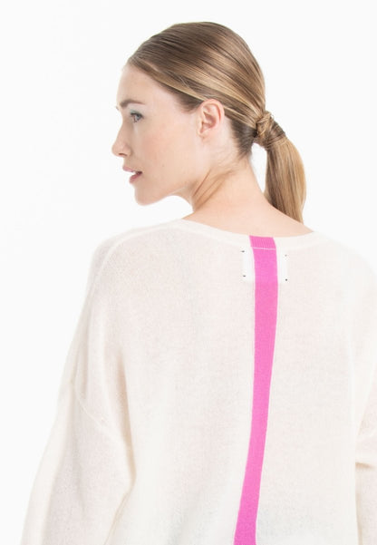Pull col V cachemire blanc écru/rose barbie femme - NAMI 23-0