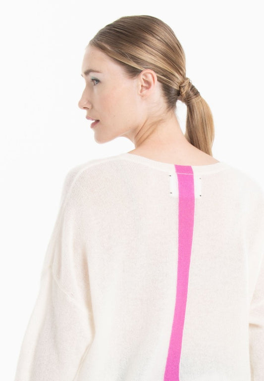 Pull col V cachemire blanc écru/rose barbie femme - NAMI 23-0