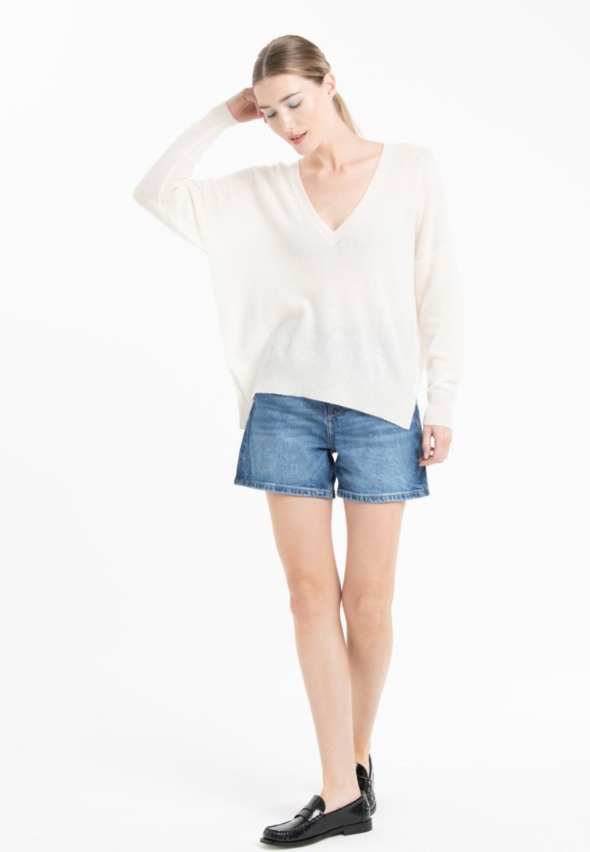 Pull col V cachemire blanc écru/rose barbie femme - NAMI 23-4