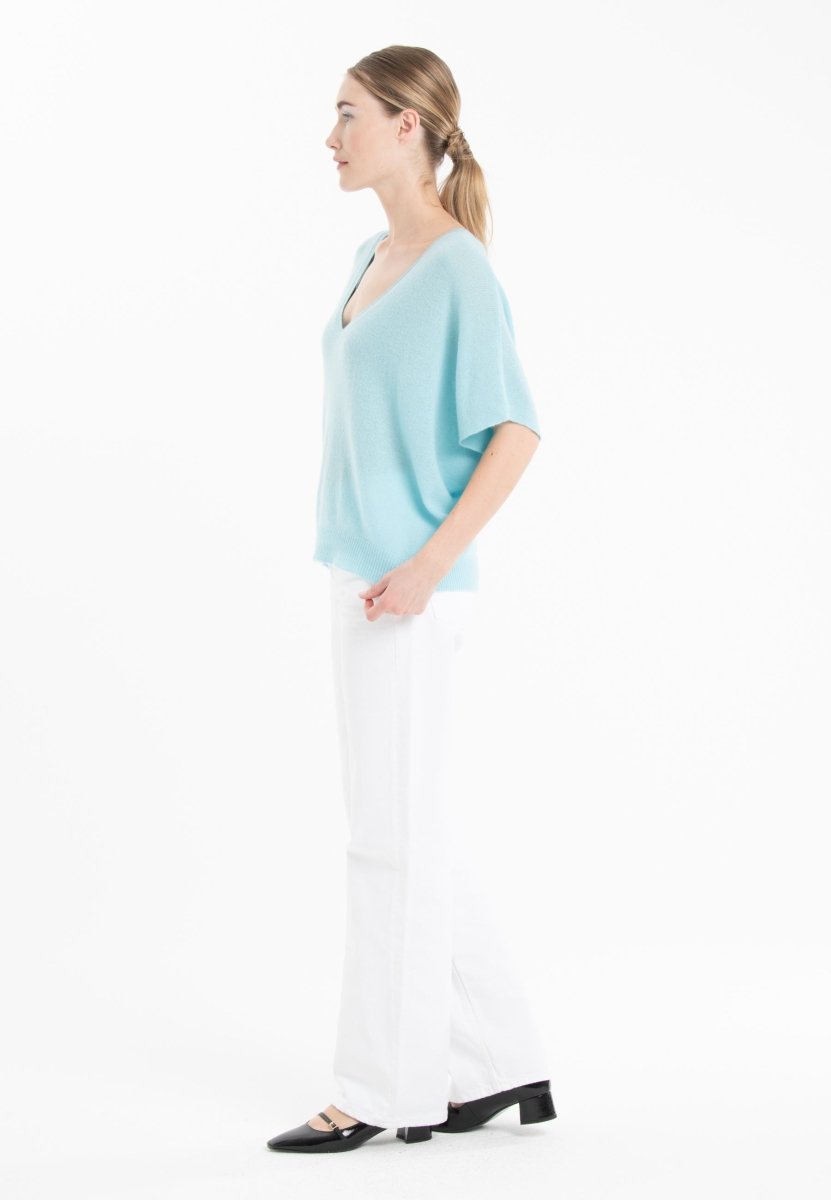 Pull col V cachemire turquoise femme - RIA 25-1