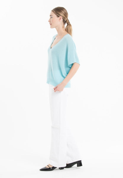 Pull col V cachemire turquoise femme - RIA 25-1