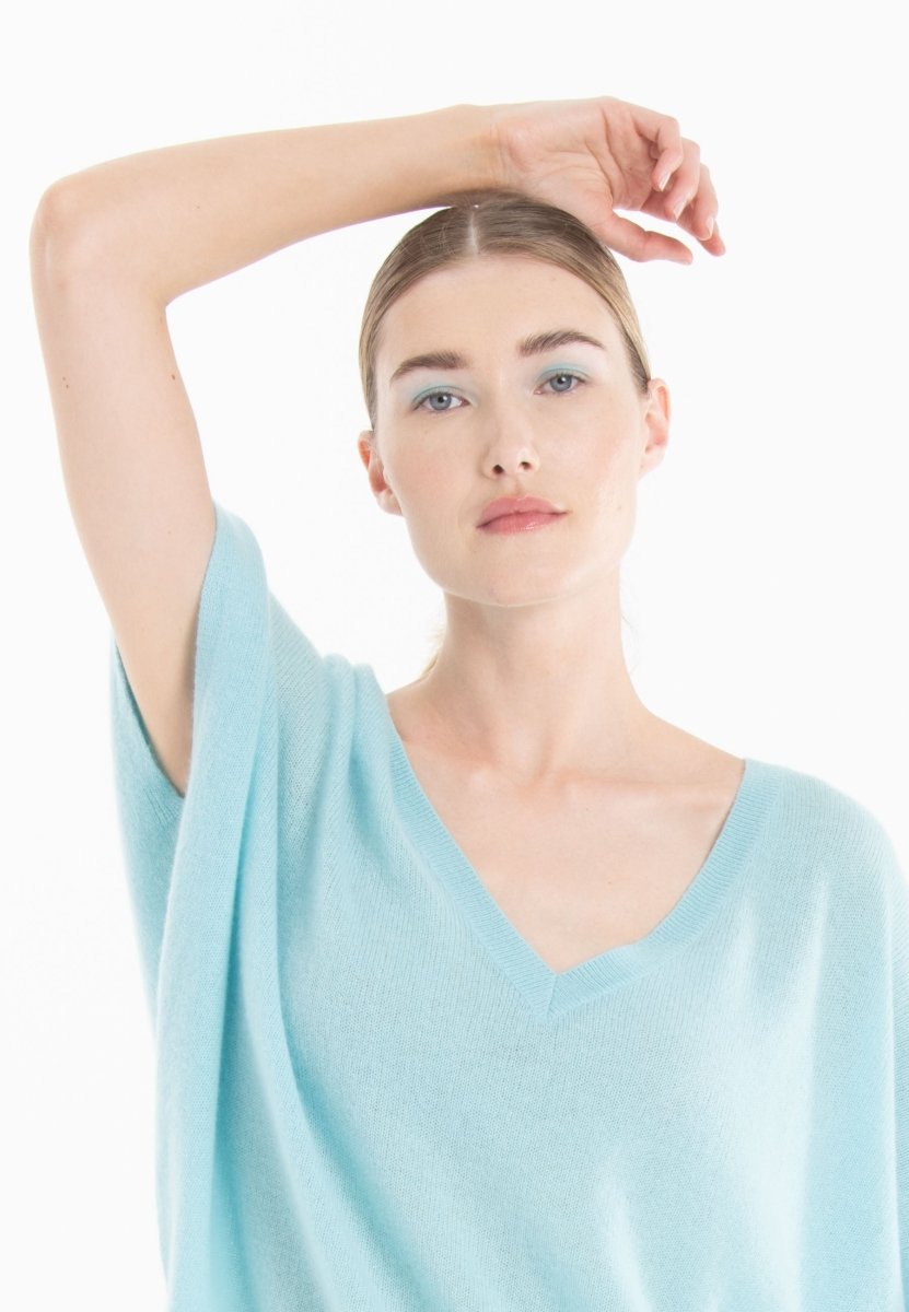 Pull col V cachemire turquoise femme - RIA 25-4