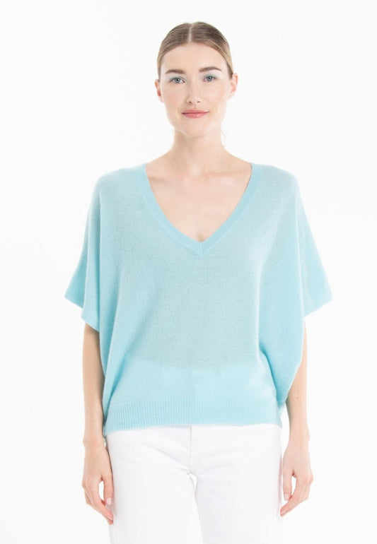 Pull col V cachemire turquoise femme - RIA 25-0