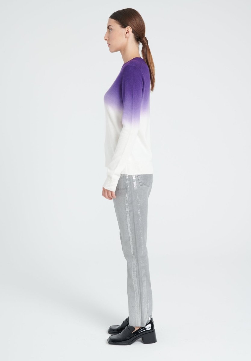 Pull col rond cachemire blanc écru tie & dye violet foncé femme - ZAYA 9-2