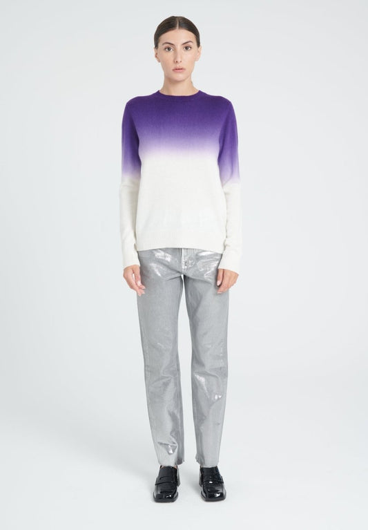 Pull col rond cachemire blanc écru tie & dye violet foncé femme - ZAYA 9-1